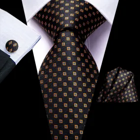 Hi-Tie Black Golden Polka Dot Tie Pocket Square Cufflinks Set