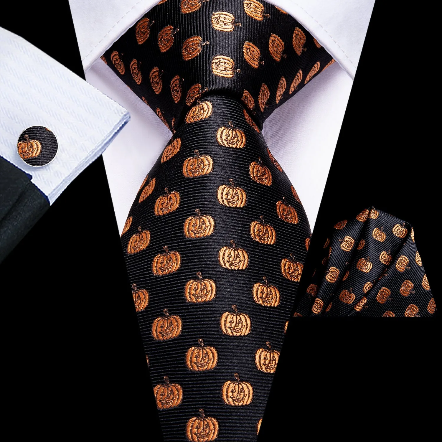 Hi-Tie Black Golden Smiley Face Tie Pocket Square Cufflinks Set