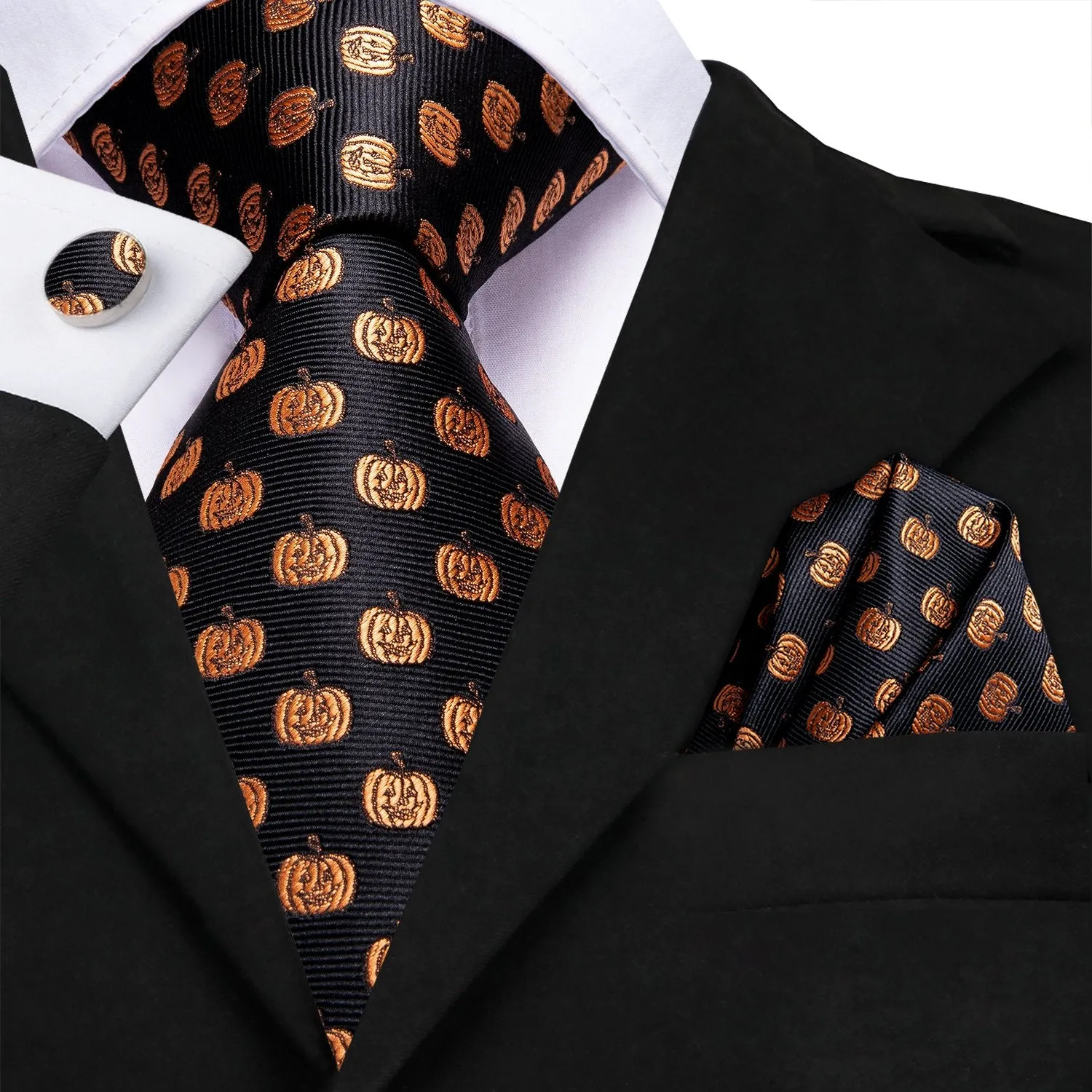 Hi-Tie Black Golden Smiley Face Tie Pocket Square Cufflinks Set