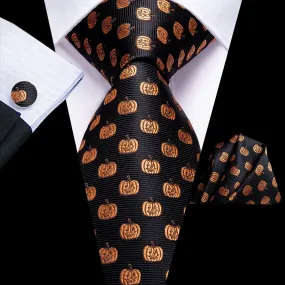 Hi-Tie Black Golden Smiley Face Tie Pocket Square Cufflinks Set