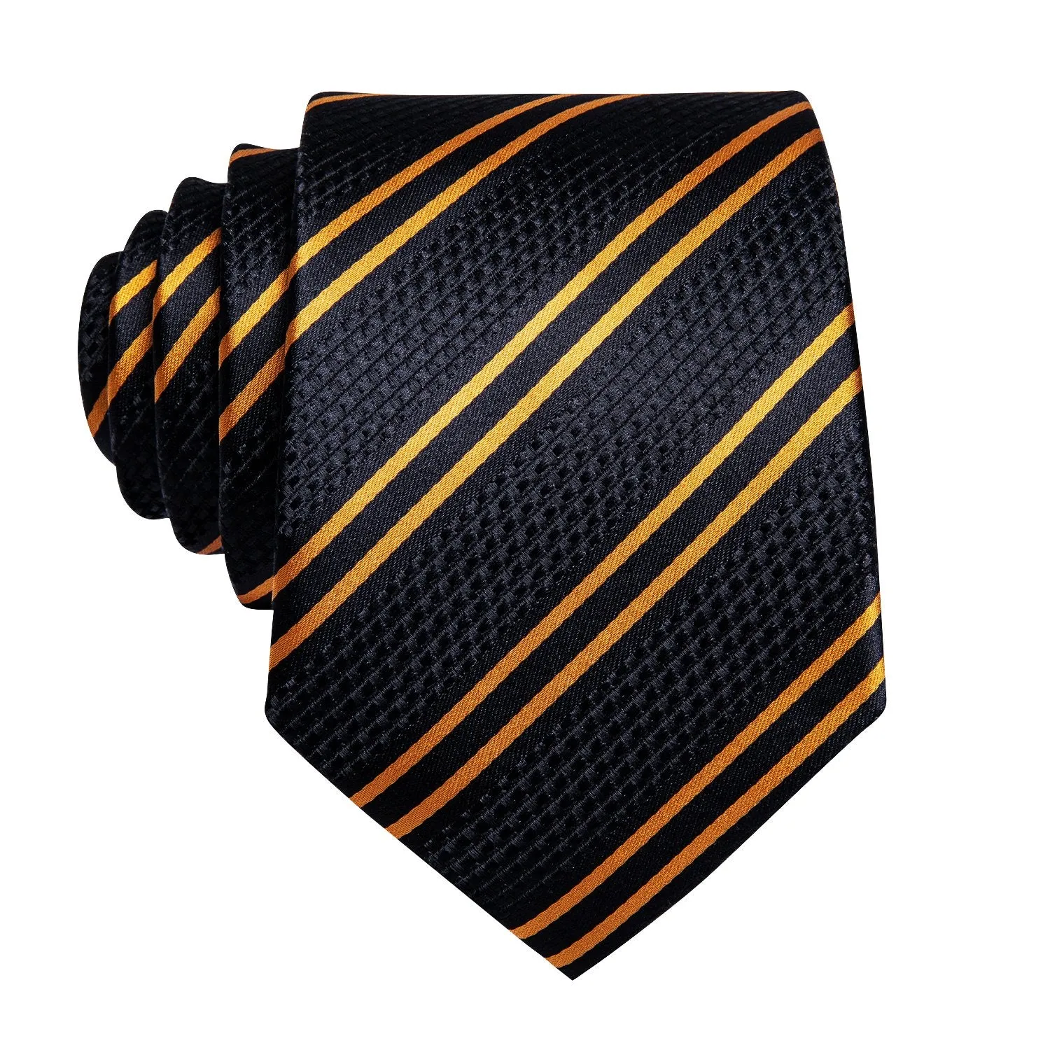 Hi-Tie Black Golden Striped Silk Necktie Pocket Square Cufflinks Set