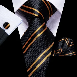 Hi-Tie Black Golden Striped Silk Necktie Pocket Square Cufflinks Set