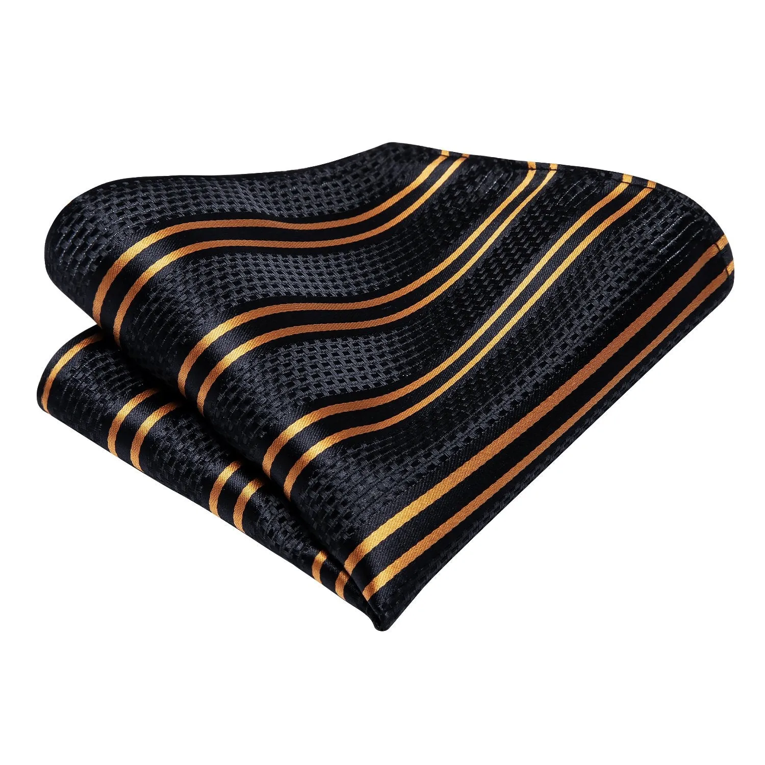 Hi-Tie Black Golden Striped Silk Necktie Pocket Square Cufflinks Set