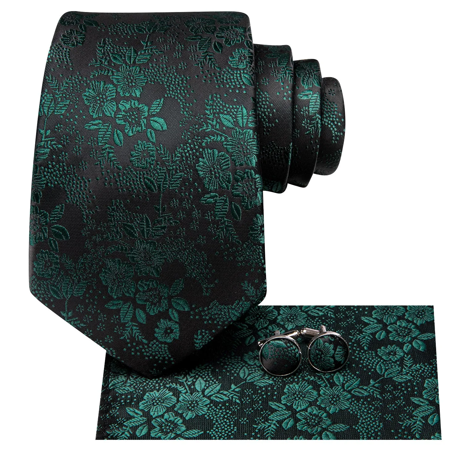 Hi-Tie Black Green Flower Men's Tie Pocket Square Cufflinks Set