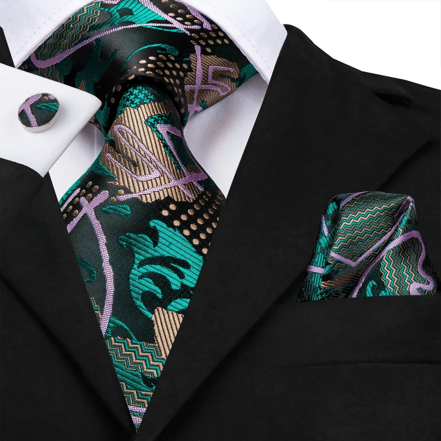 Hi-Tie Black Green Graffiti Novelty Silk Necktie Hanky Cufflinks Set