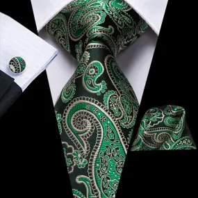 Hi-Tie Black Green Paisley Silk Necktie Pocket Square Cufflinks Set