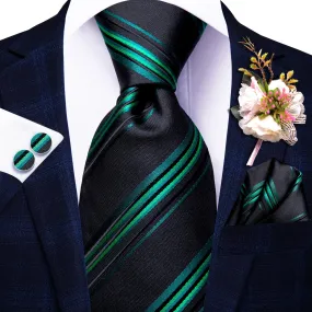 Hi-Tie Black Green Striped Tie Hanky Cufflinks Set with Wedding Brooch