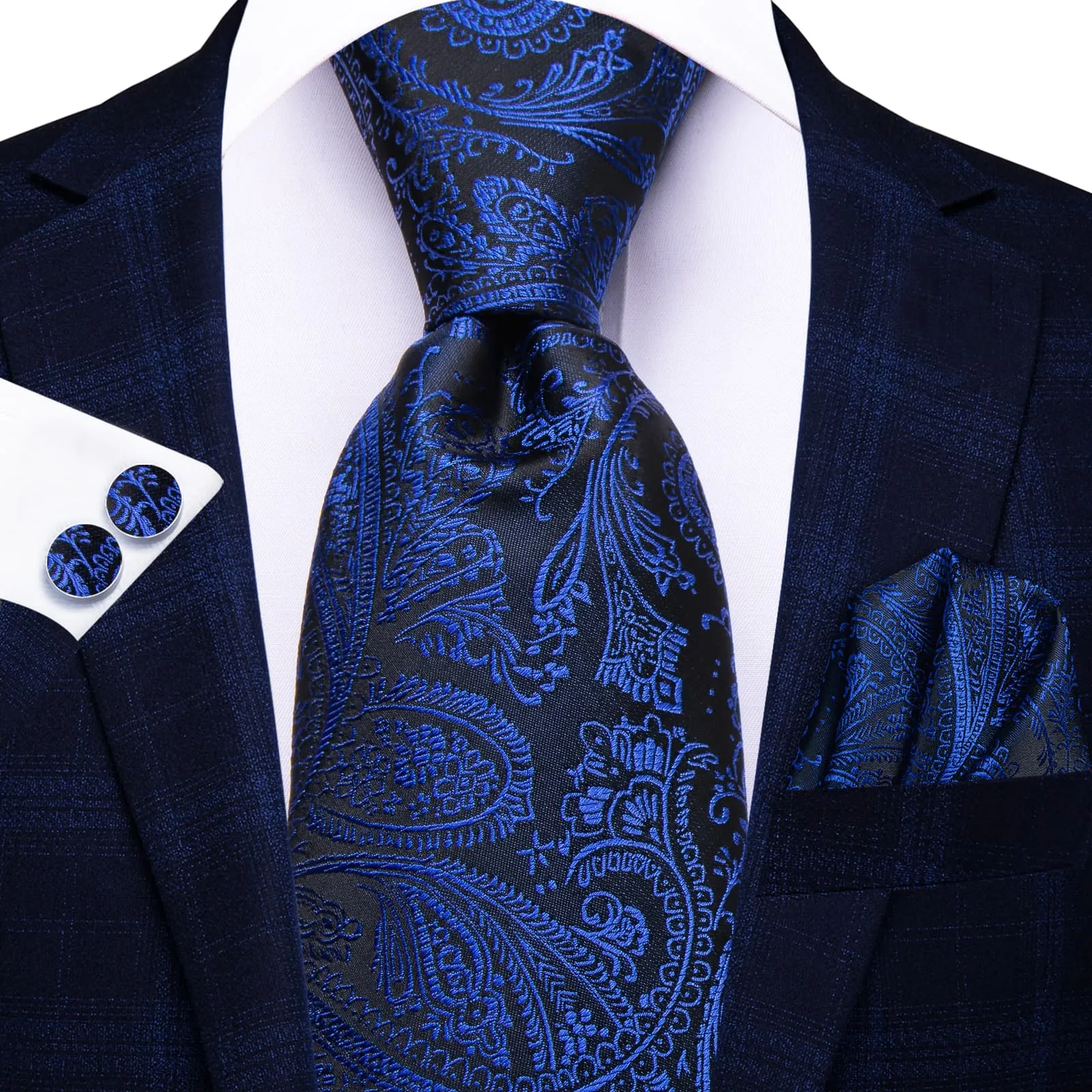 Hi-Tie Black Navy Blue Paisley Silk Men's Necktie Pocket Square Cufflinks Set