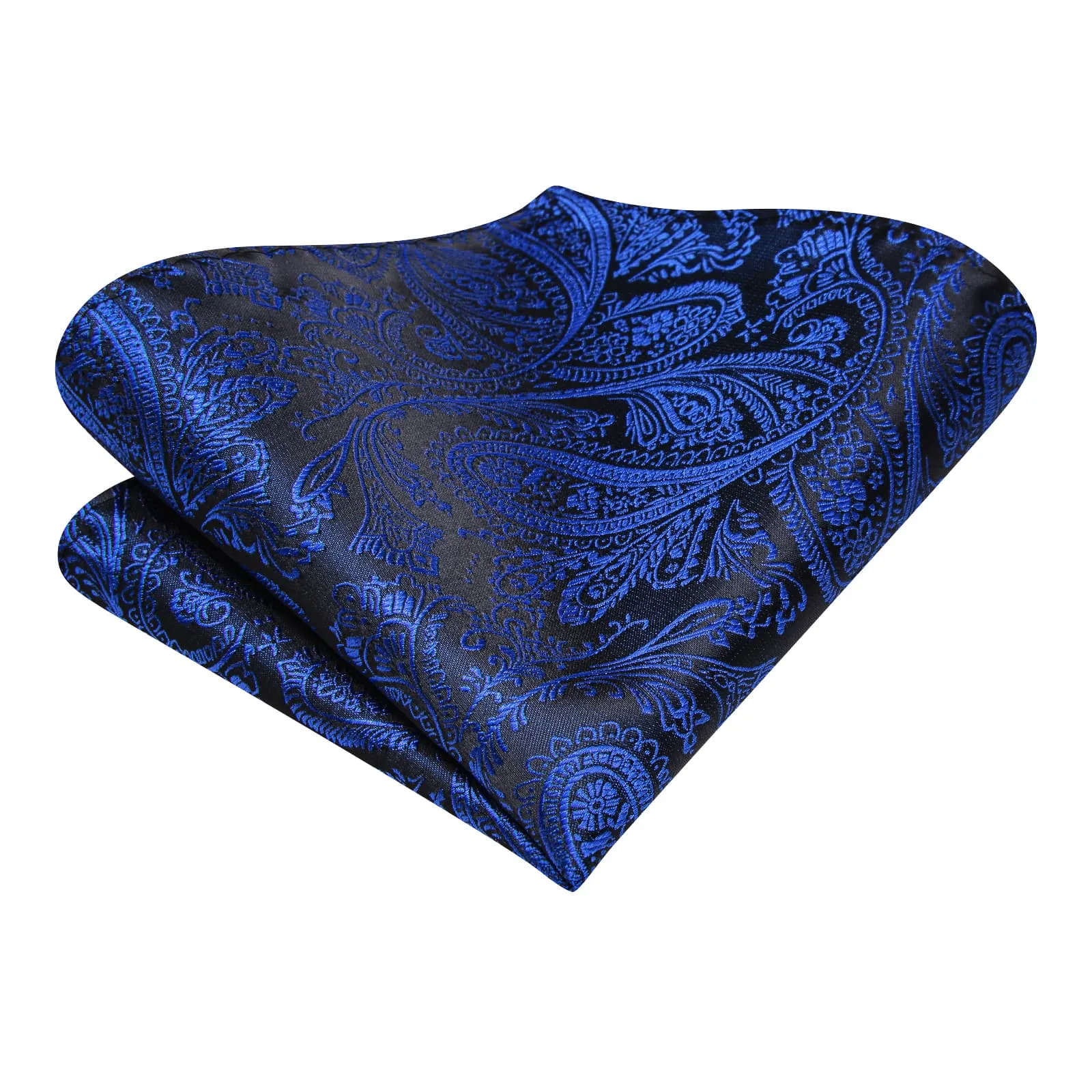 Hi-Tie Black Navy Blue Paisley Silk Men's Necktie Pocket Square Cufflinks Set