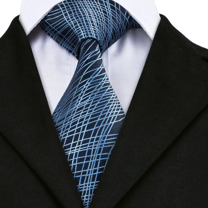 Hi-Tie Black Necktie Blue Novelty Silk Men's Tie Hanky Cufflinks Set