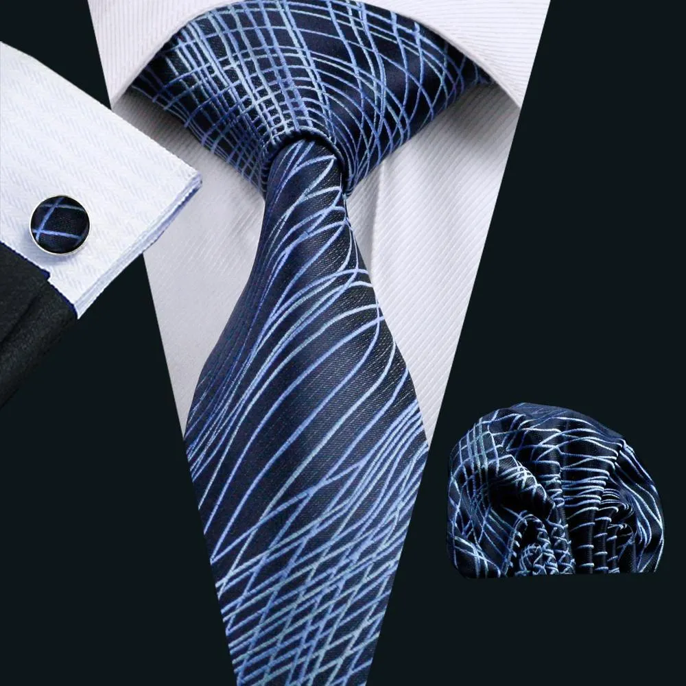 Hi-Tie Black Necktie Blue Novelty Silk Men's Tie Hanky Cufflinks Set