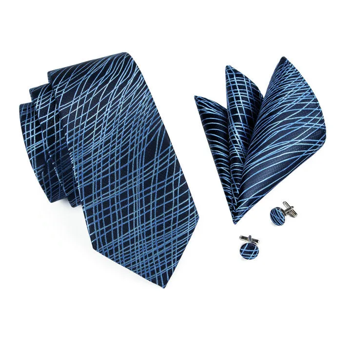 Hi-Tie Black Necktie Blue Novelty Silk Men's Tie Hanky Cufflinks Set