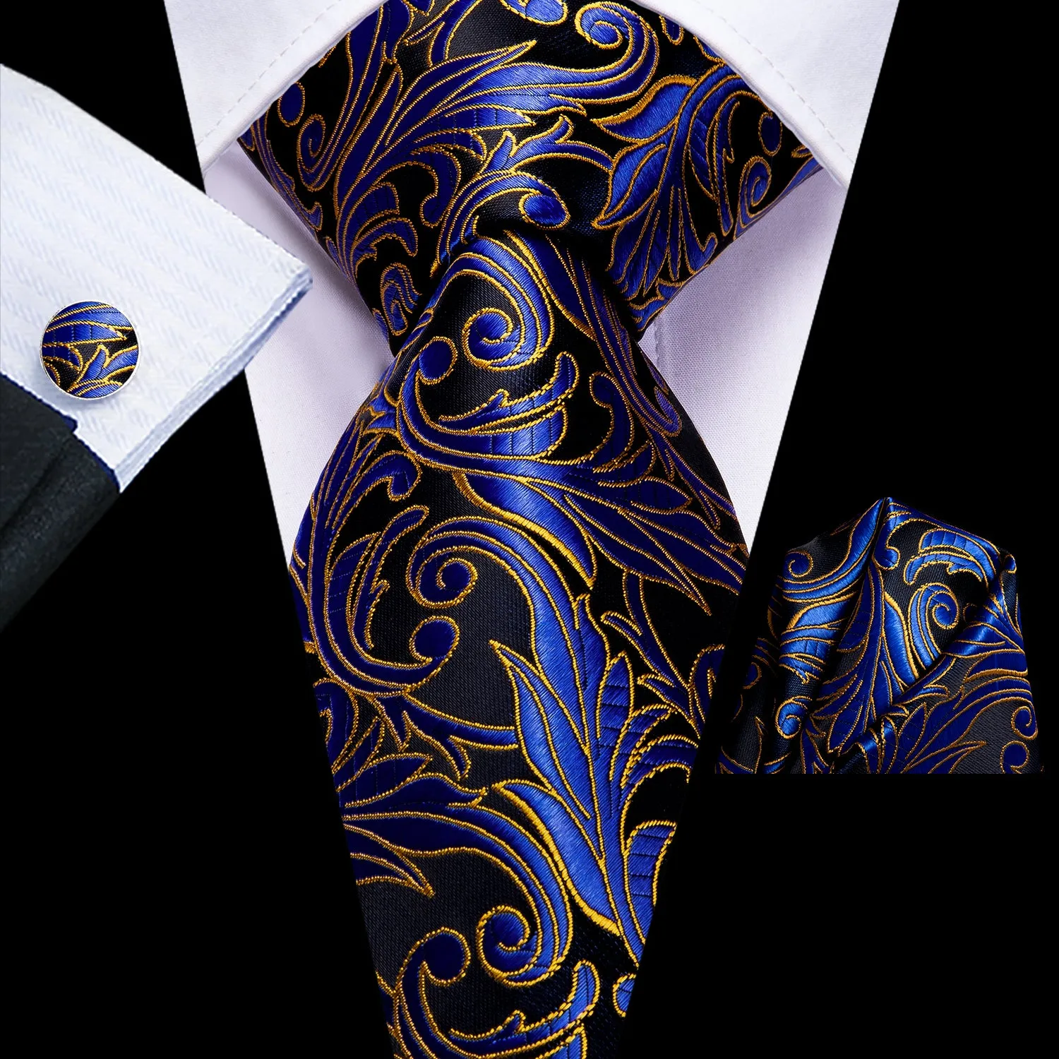 Hi-Tie Black Necktie Blue Yellow Floral Tie Pocket Square Cufflinks Set