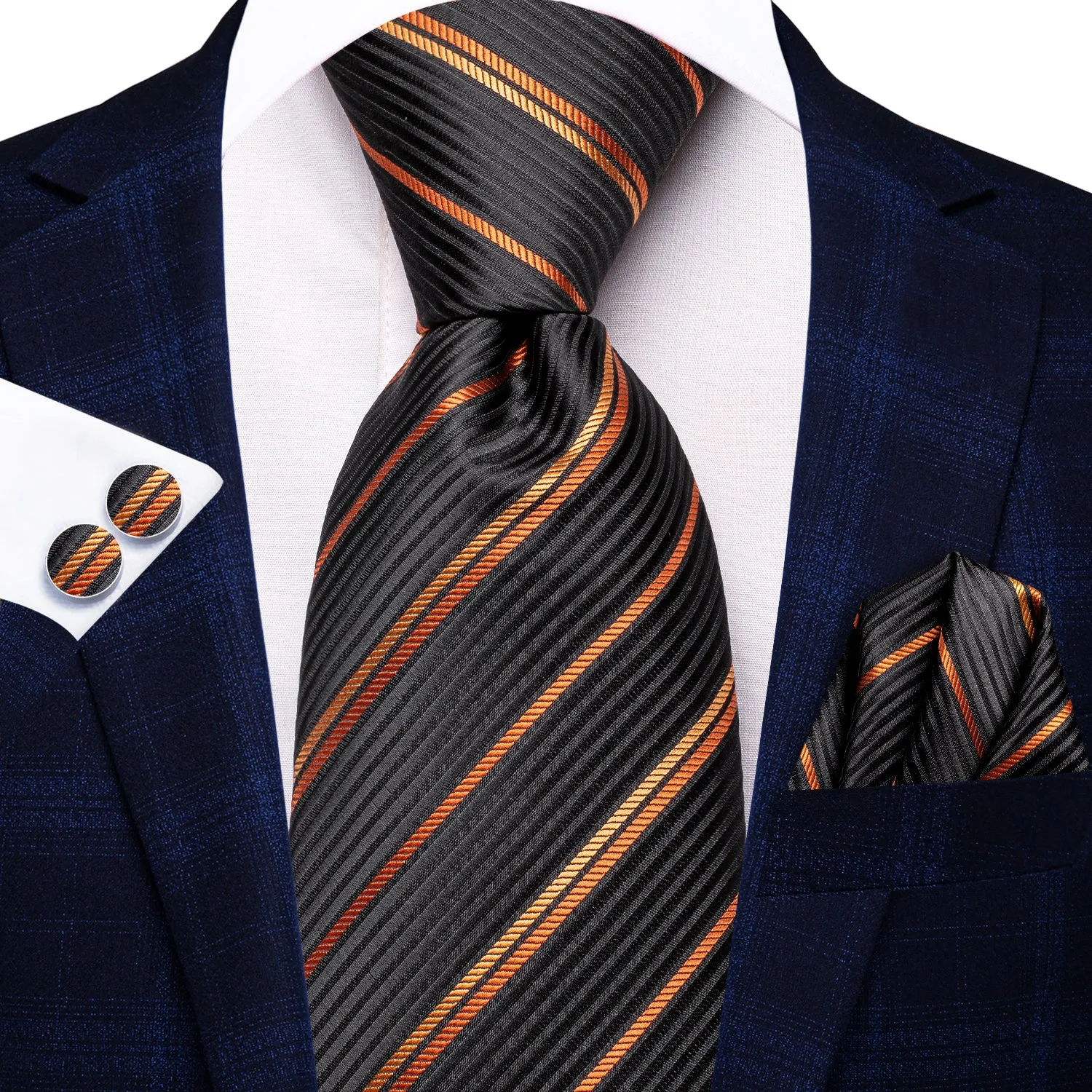 Hi-Tie Black Orange Strip Silk Tie Pocket Square Cufflinks Set Business