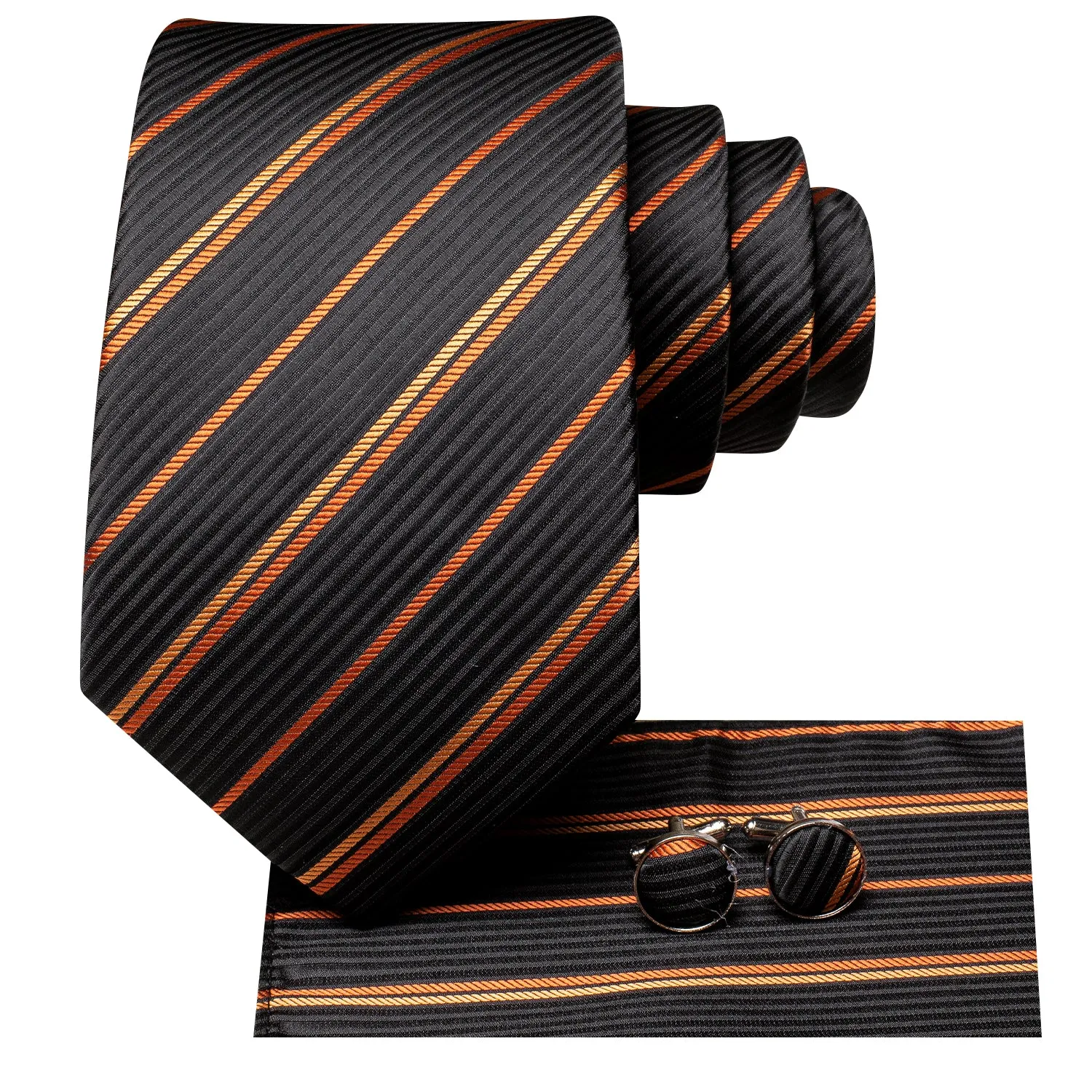 Hi-Tie Black Orange Strip Silk Tie Pocket Square Cufflinks Set Business