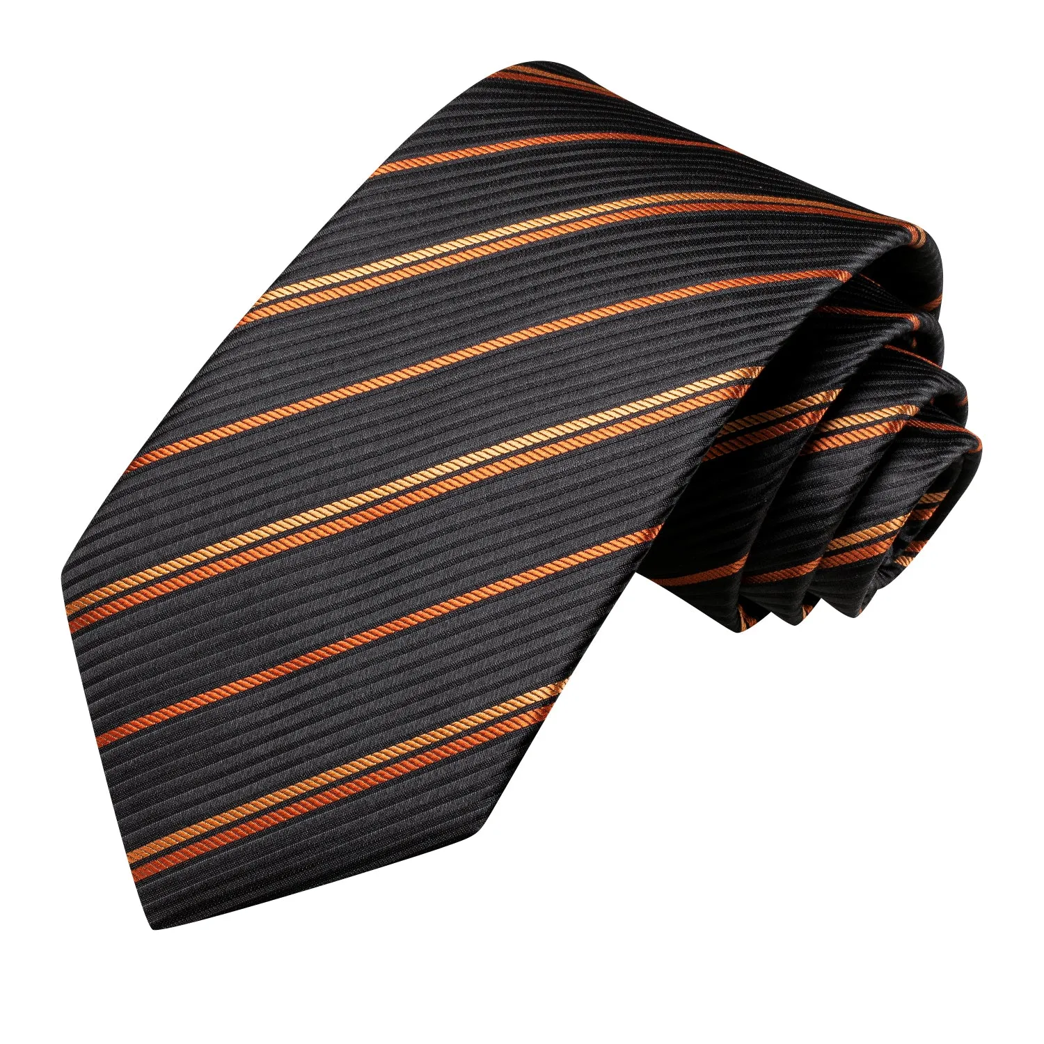 Hi-Tie Black Orange Strip Silk Tie Pocket Square Cufflinks Set Business