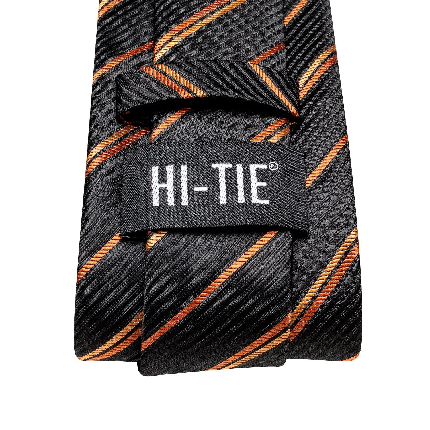 Hi-Tie Black Orange Strip Silk Tie Pocket Square Cufflinks Set Business