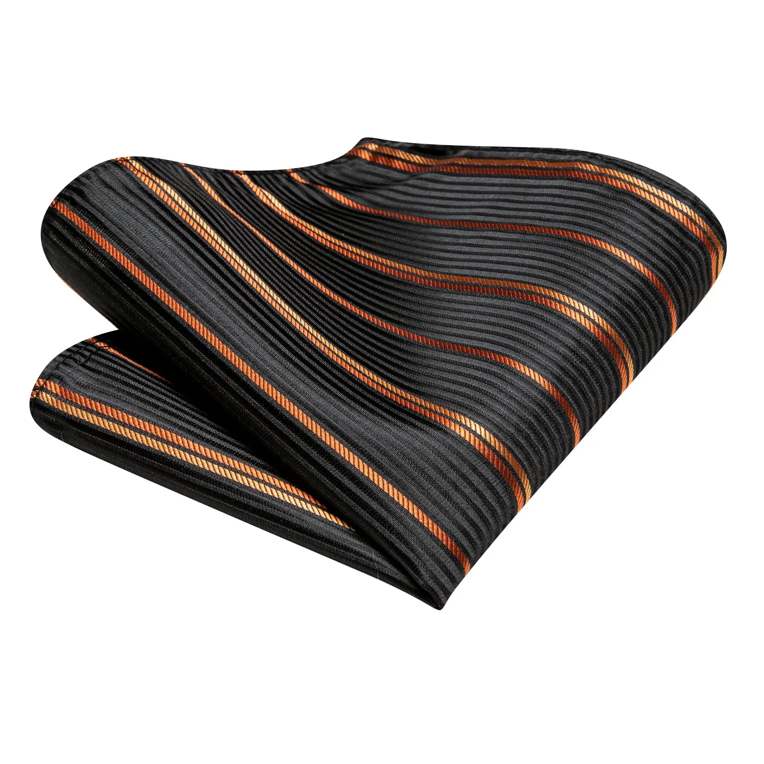 Hi-Tie Black Orange Strip Silk Tie Pocket Square Cufflinks Set Business