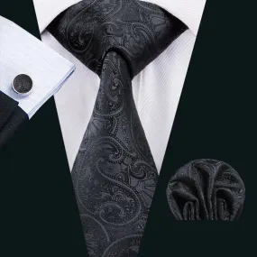 Hi-Tie Black Paisley Silk 63 Inches Extra Long Men's Tie Hanky Cufflinks Set