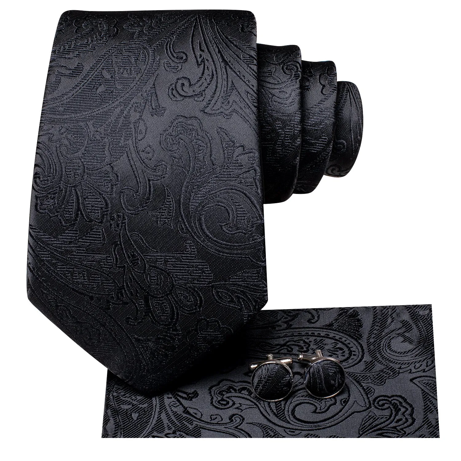 Hi-Tie Black Paisley Silk Men's Necktie Pocket Square Cufflinks Set