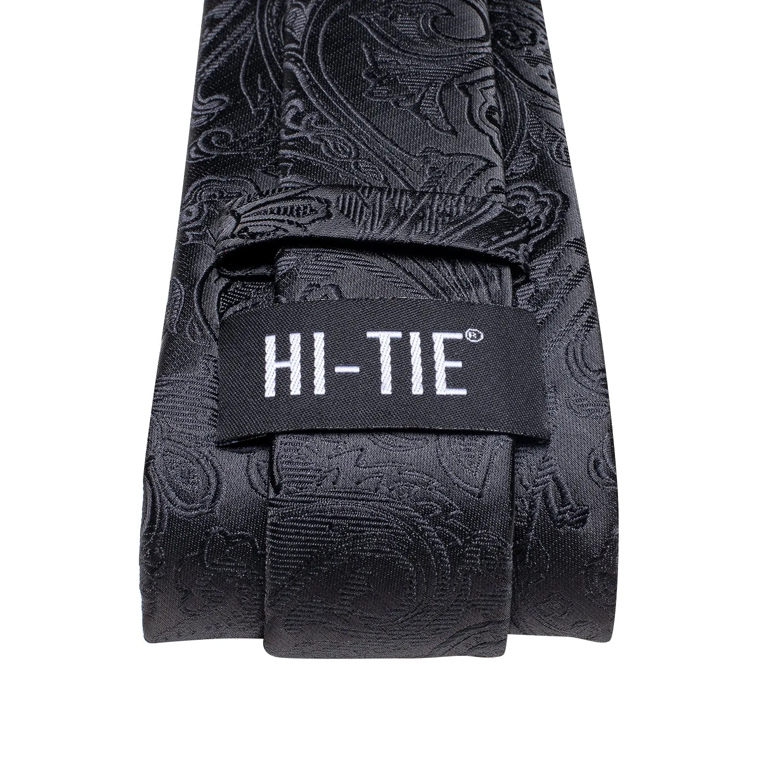 Hi-Tie Black Paisley Silk Men's Necktie Pocket Square Cufflinks Set