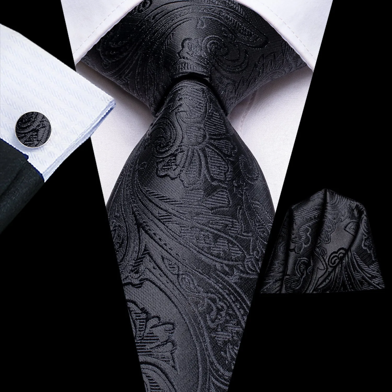 Hi-Tie Black Paisley Silk Men's Necktie Pocket Square Cufflinks Set