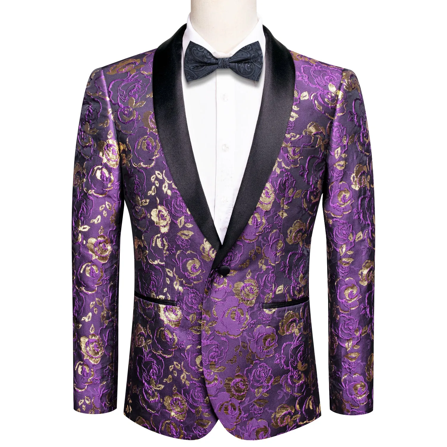 Hi-Tie Black Shawl Lapel Luxury Purple Champagne Floral Men's Suit Set