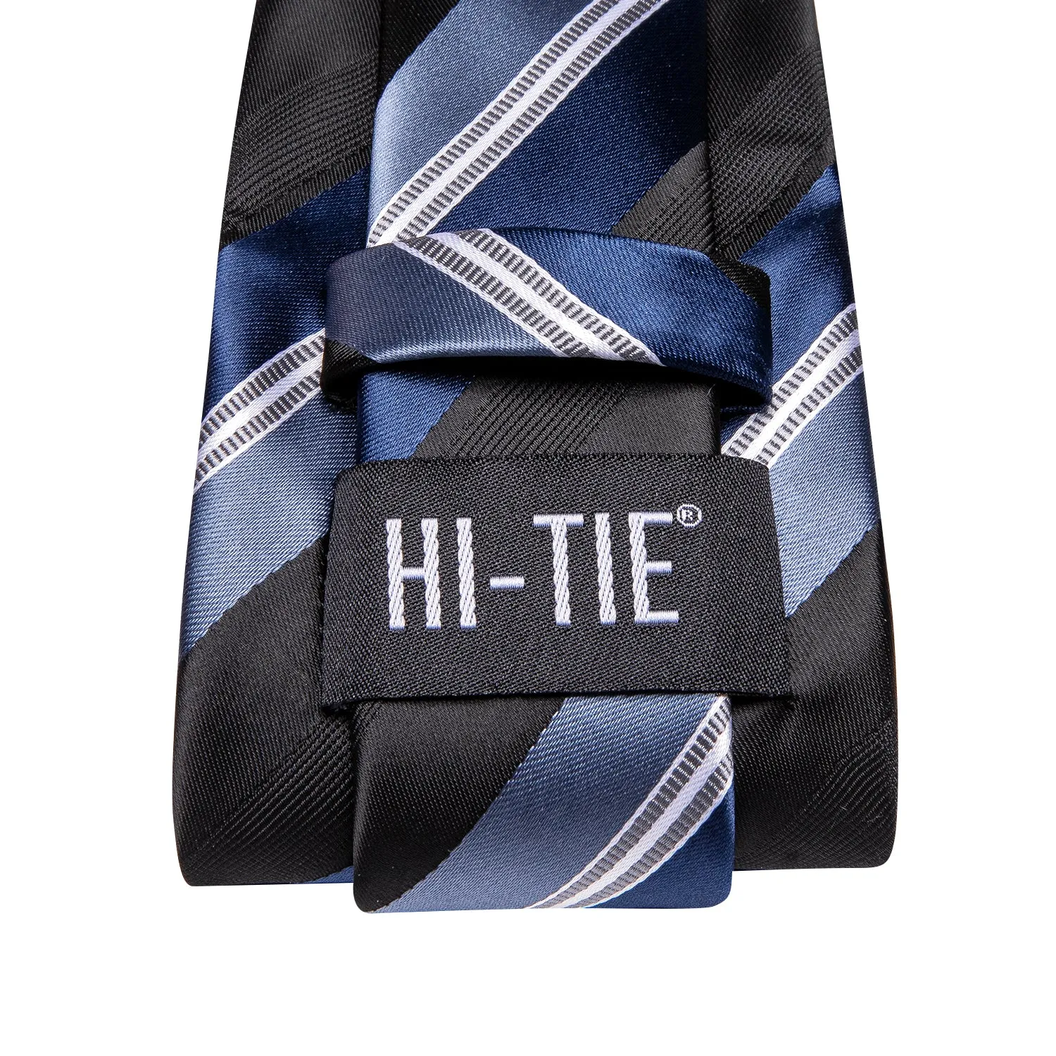 Hi-Tie Black Sky Blue White Striped Tie Pocket Square Cufflinks Set