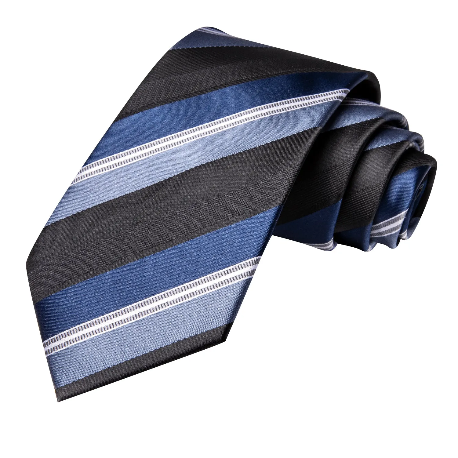 Hi-Tie Black Sky Blue White Striped Tie Pocket Square Cufflinks Set