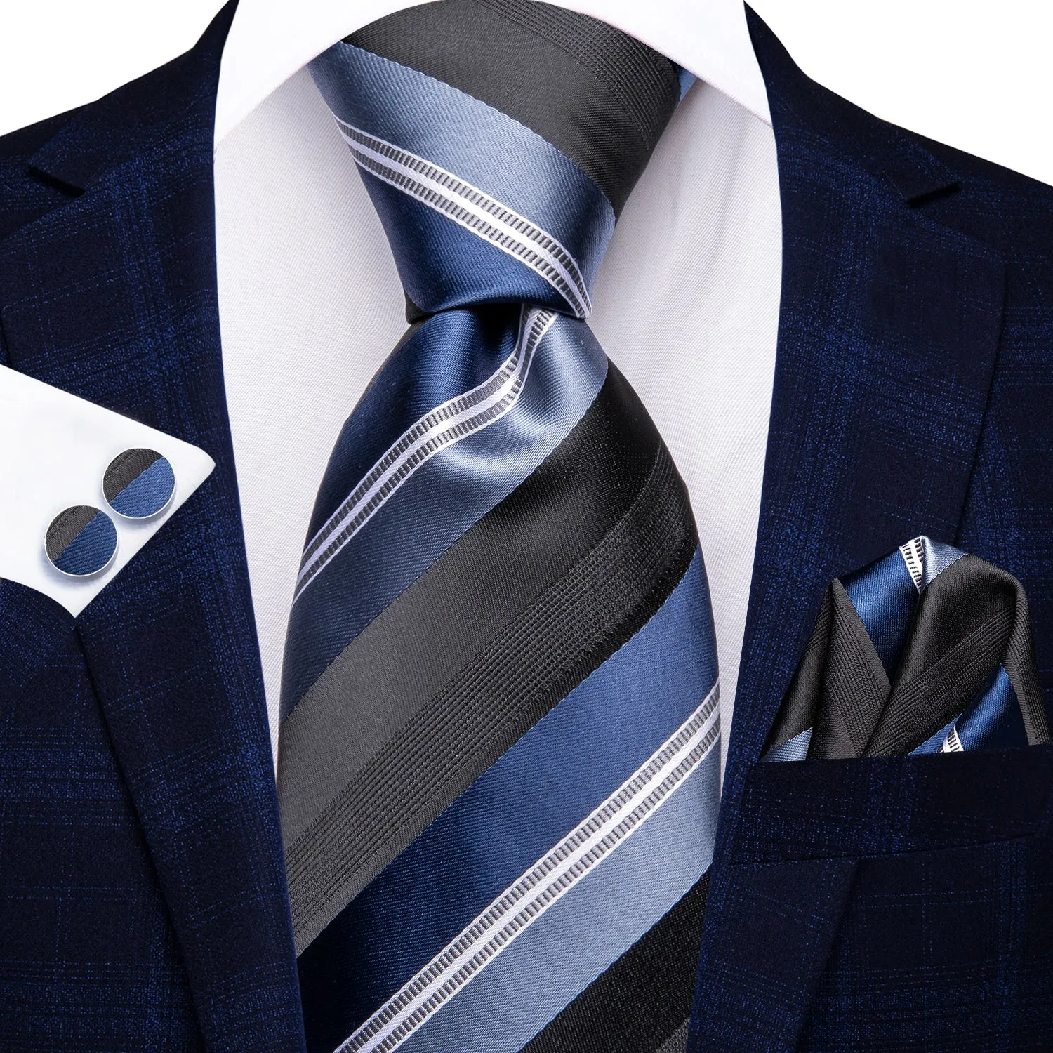 Hi-Tie Black Sky Blue White Striped Tie Pocket Square Cufflinks Set