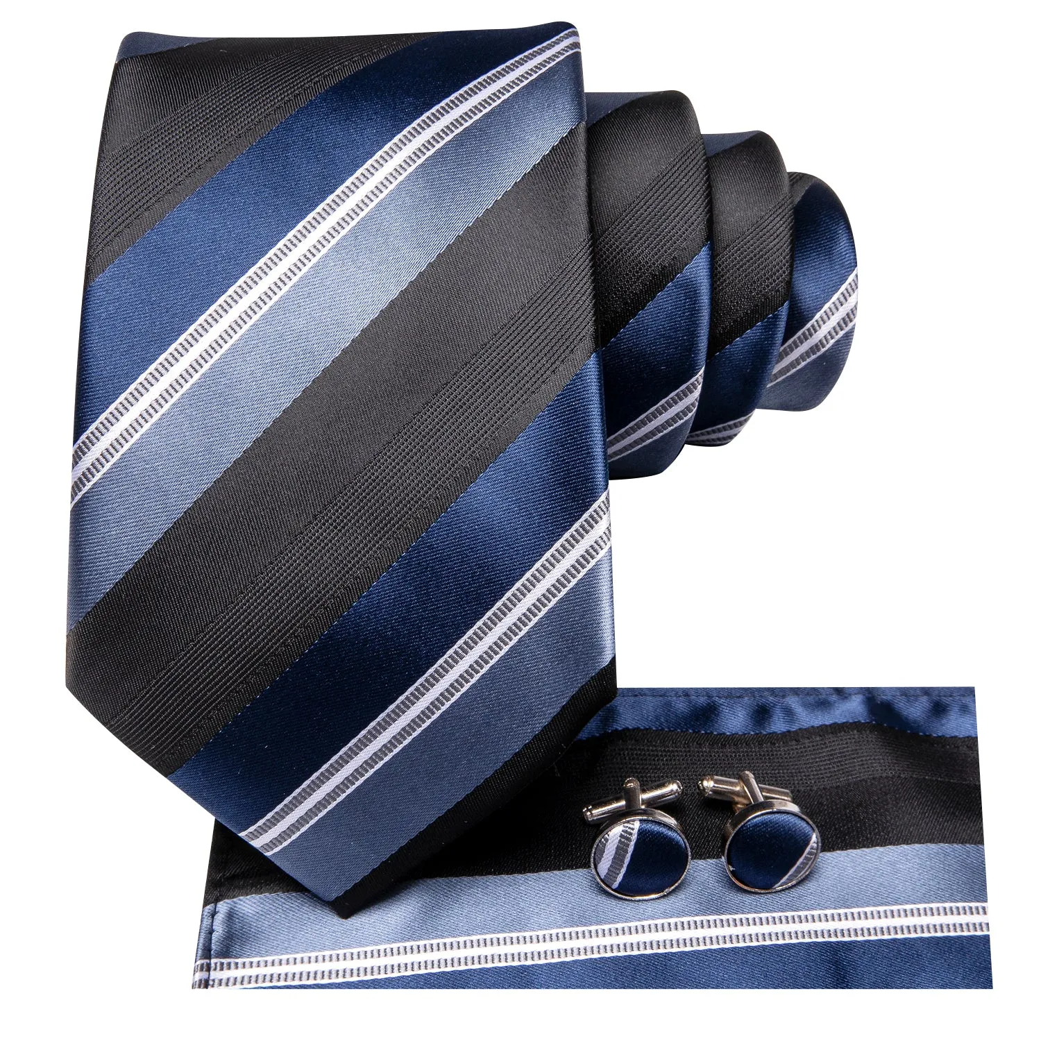 Hi-Tie Black Sky Blue White Striped Tie Pocket Square Cufflinks Set