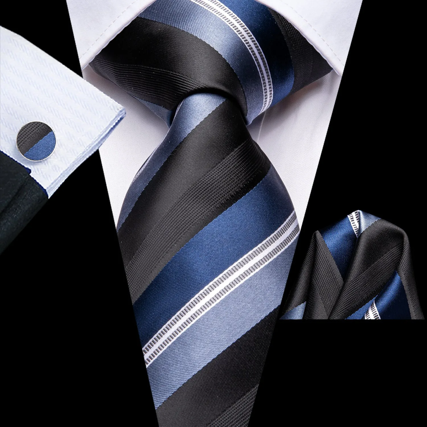 Hi-Tie Black Sky Blue White Striped Tie Pocket Square Cufflinks Set