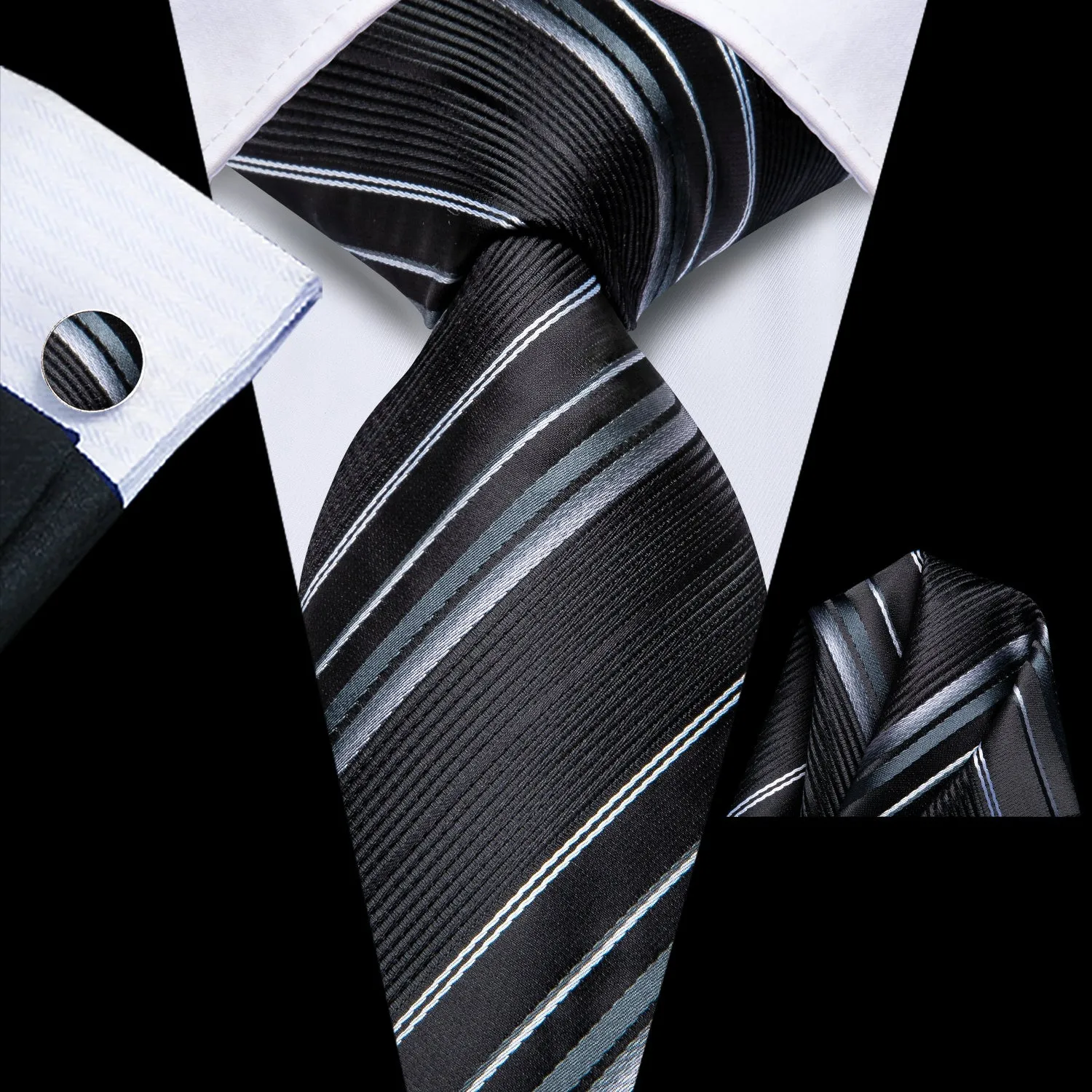 Hi-Tie Black Tie White Striped Men's Tie Pocket Square Cufflinks Set