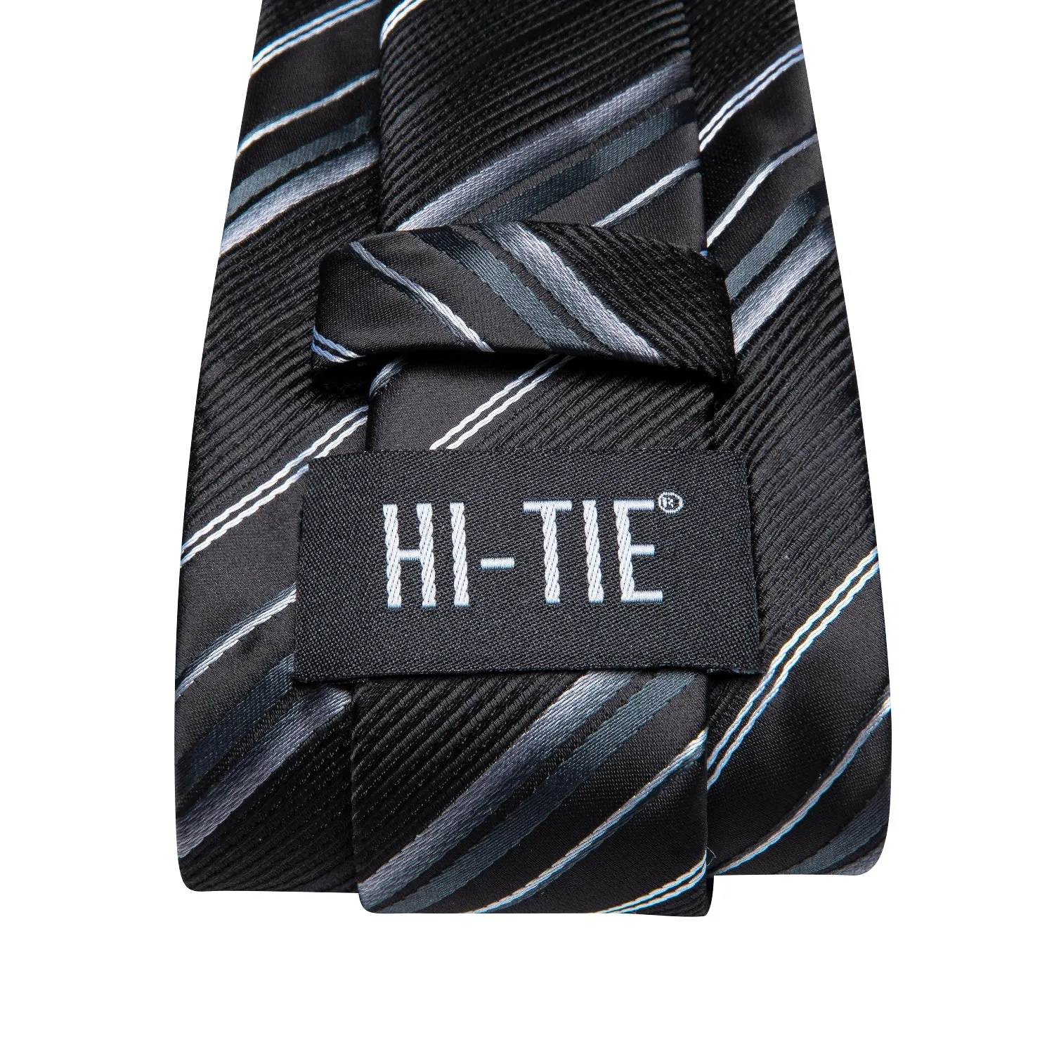 Hi-Tie Black Tie White Striped Men's Tie Pocket Square Cufflinks Set