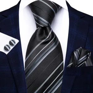 Hi-Tie Black Tie White Striped Men's Tie Pocket Square Cufflinks Set