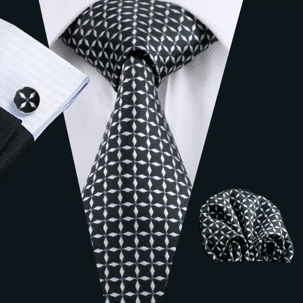 Hi-Tie Black White Plaid Extra Long Silk Men's Tie Hanky Cufflinks Set