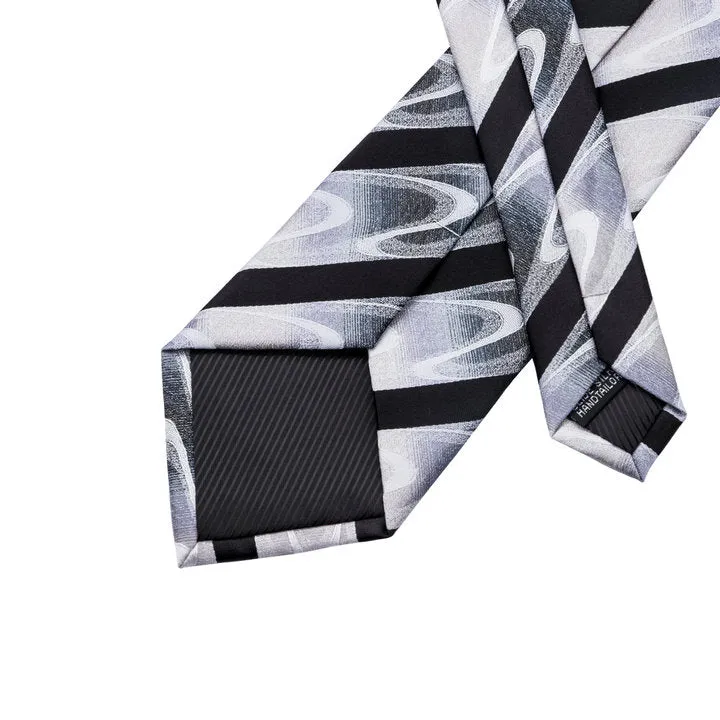 Hi-Tie Black White Wave Striped Silk Men's Tie Pocket Square Cufflinks Set