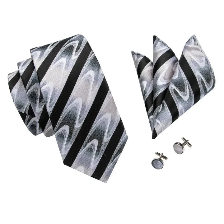 Hi-Tie Black White Wave Striped Silk Men's Tie Pocket Square Cufflinks Set