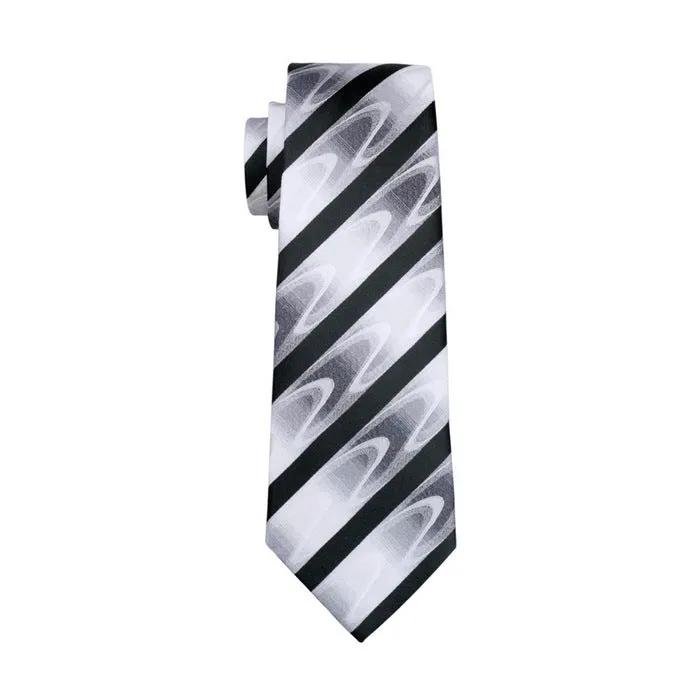 Hi-Tie Black White Wave Striped Silk Men's Tie Pocket Square Cufflinks Set