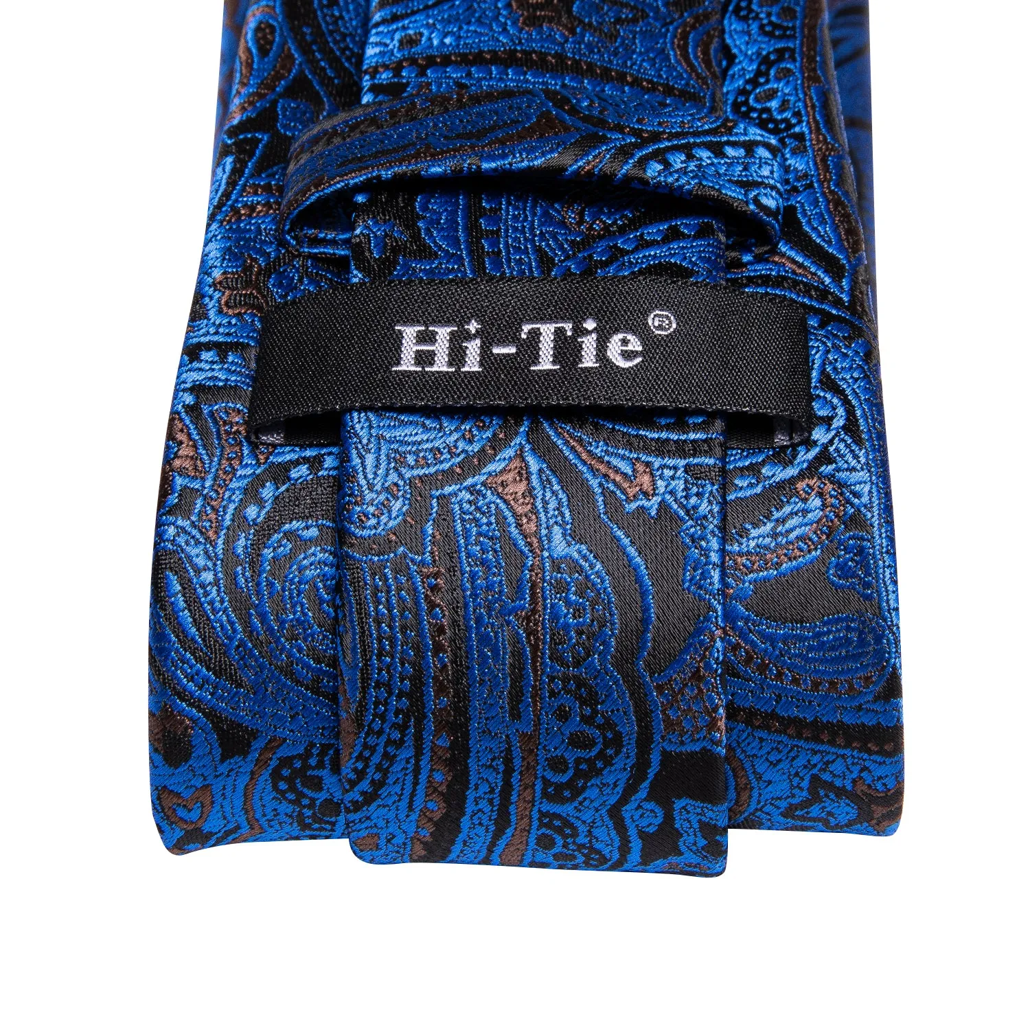 Hi-Tie Blue Black Paisley Men's Necktie Pocket Square Cufflinks Set