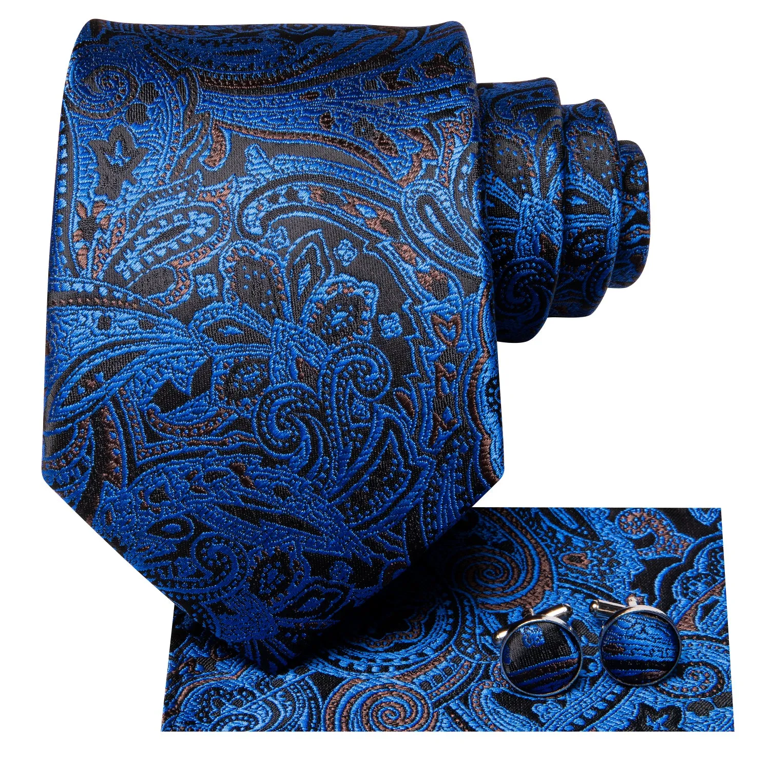 Hi-Tie Blue Black Paisley Men's Necktie Pocket Square Cufflinks Set