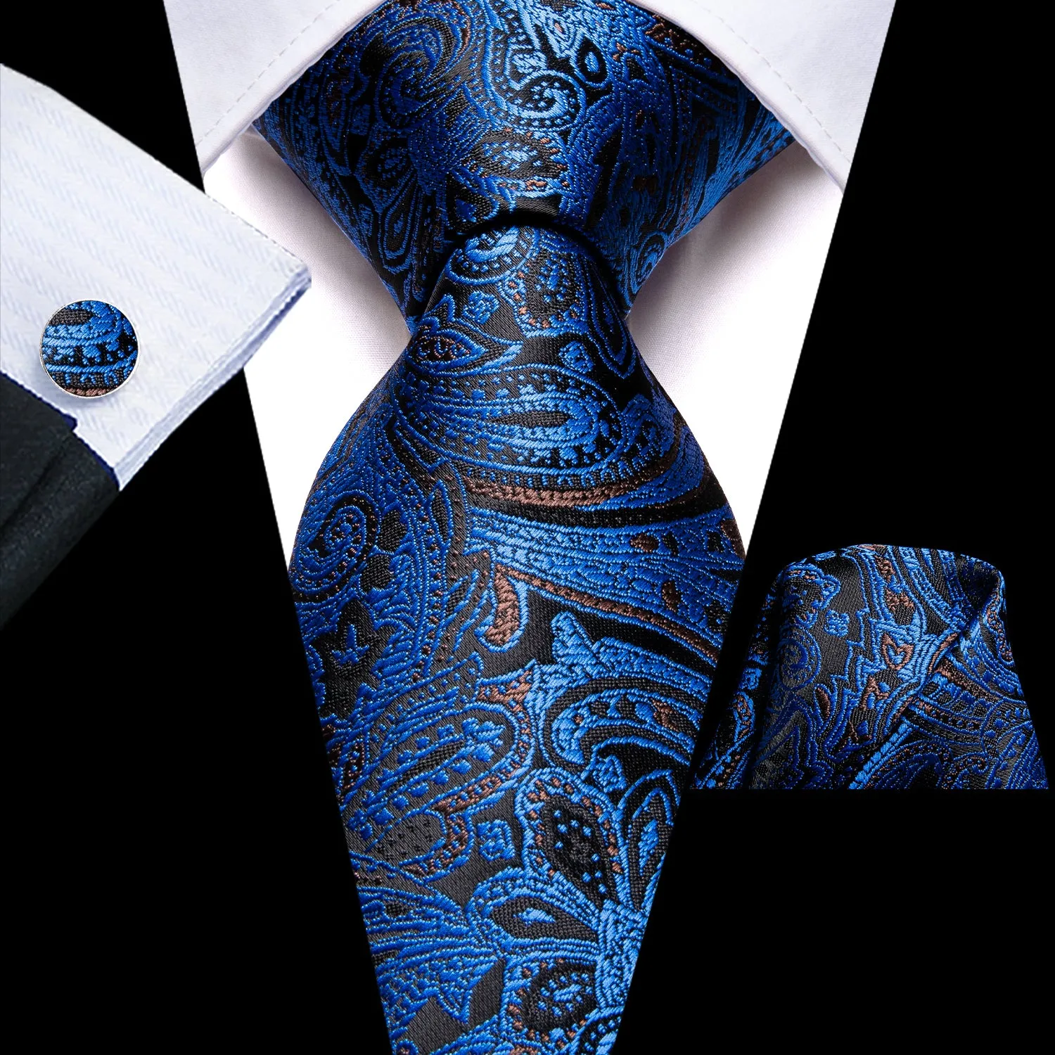 Hi-Tie Blue Black Paisley Men's Necktie Pocket Square Cufflinks Set