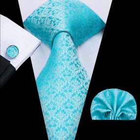 Hi-Tie Blue Necktie Baby Blue Floral Tie Pocket Square Cufflinks Set