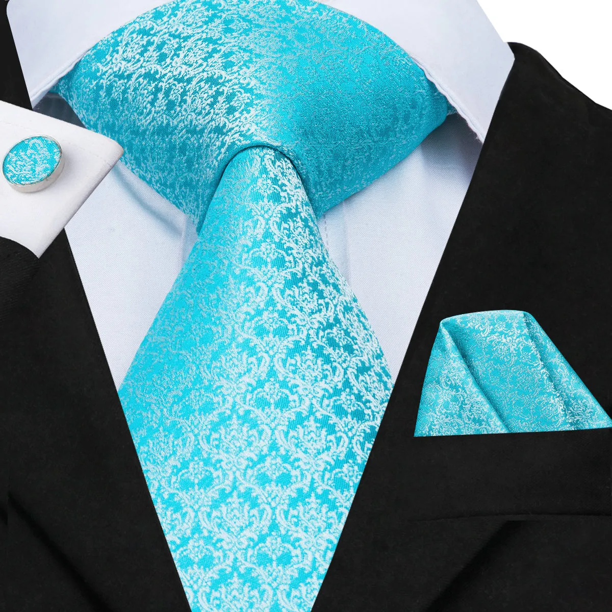 Hi-Tie Blue Necktie Baby Blue Floral Tie Pocket Square Cufflinks Set