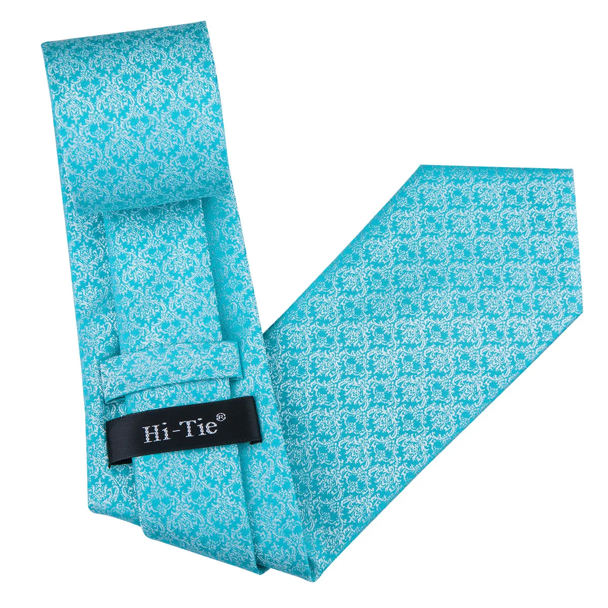 Hi-Tie Blue Necktie Baby Blue Floral Tie Pocket Square Cufflinks Set