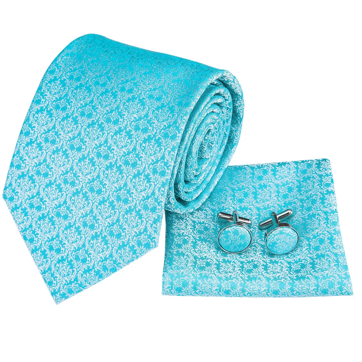 Hi-Tie Blue Necktie Baby Blue Floral Tie Pocket Square Cufflinks Set