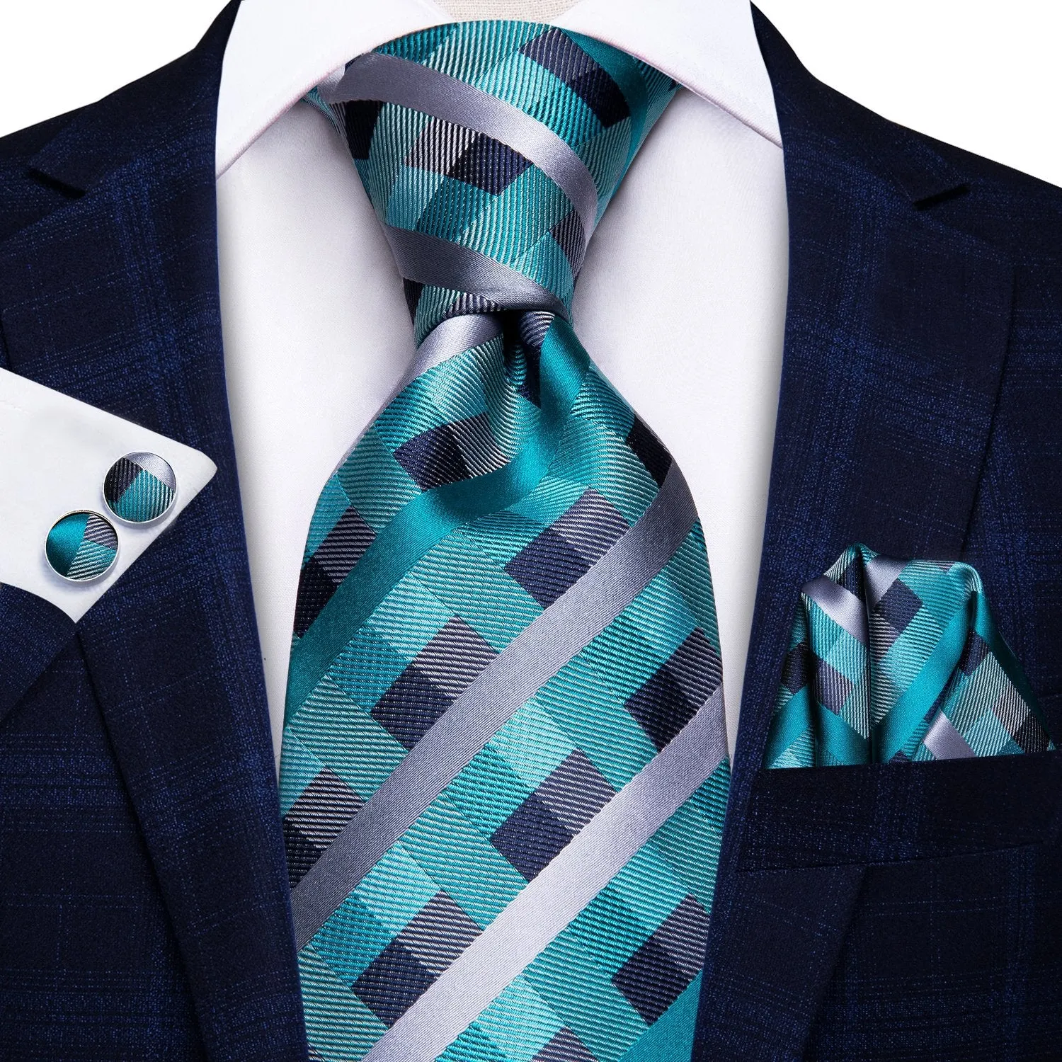 Hi-Tie Blue Plaid Solid Tie Pocket Square Cufflinks Gift Box Set