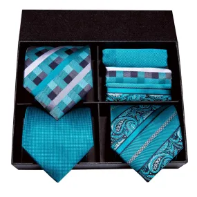 Hi-Tie Blue Plaid Solid Tie Pocket Square Cufflinks Gift Box Set