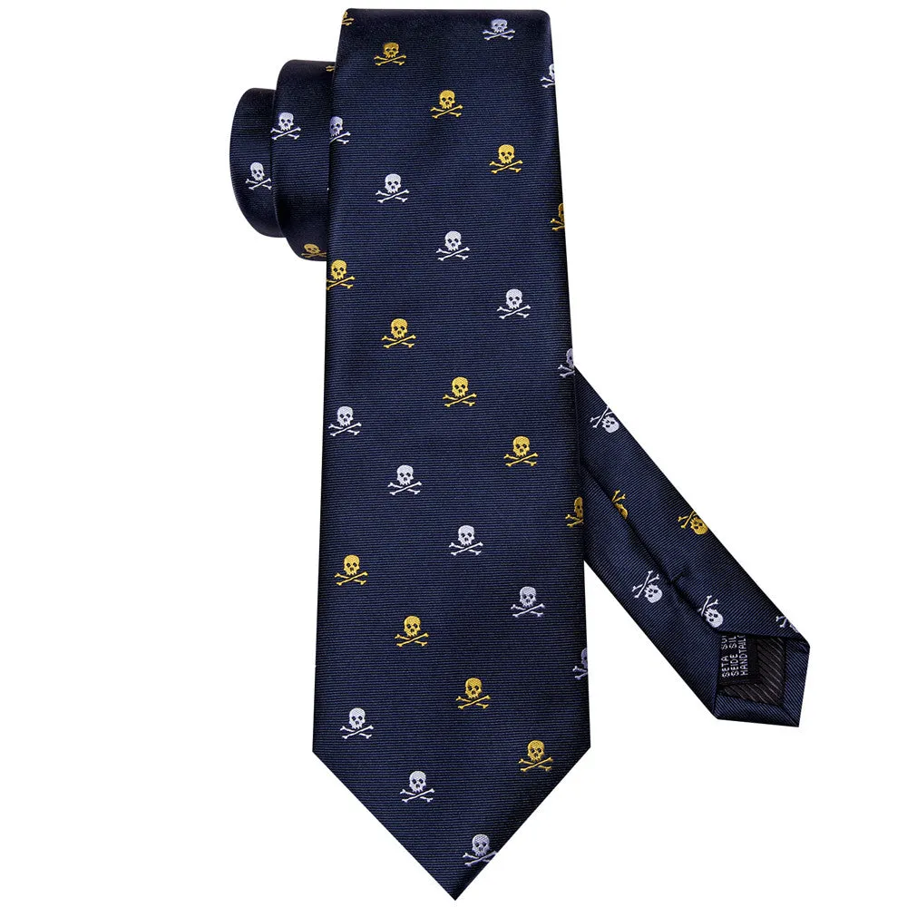 Hi-Tie Blue Skull Silk Men's Necktie Pocket Square Cufflinks Set