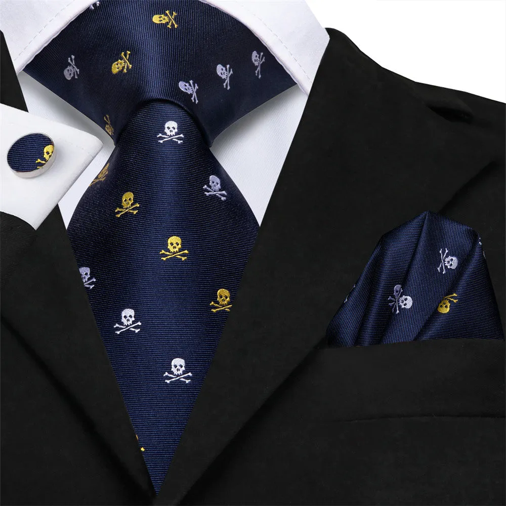 Hi-Tie Blue Skull Silk Men's Necktie Pocket Square Cufflinks Set